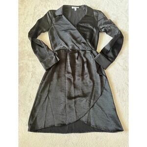 BB DAKOTA BY STEVE MADDEN Size XS Washed Satin Faux Wrap Dress Collared in Black